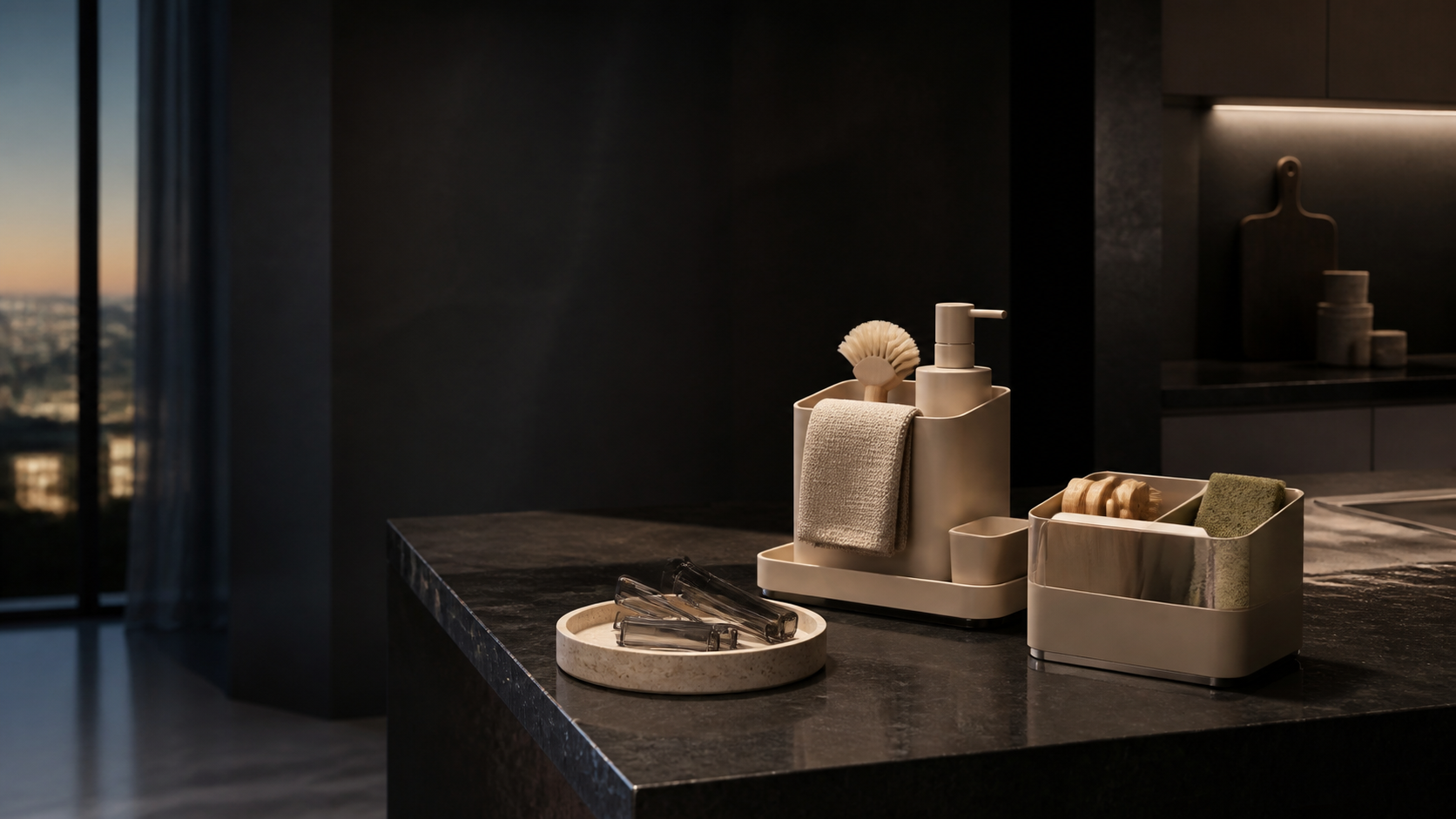 A refined SAJUVIA home collection arranged on a stone kitchen island